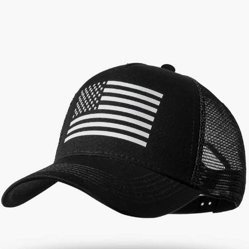 Patriotic Black Trucker Hat with Flag Design